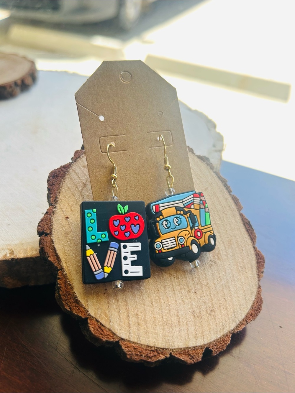 Teacher School Dangle Earrings | Apple & School Bus - Picture 2 of 6